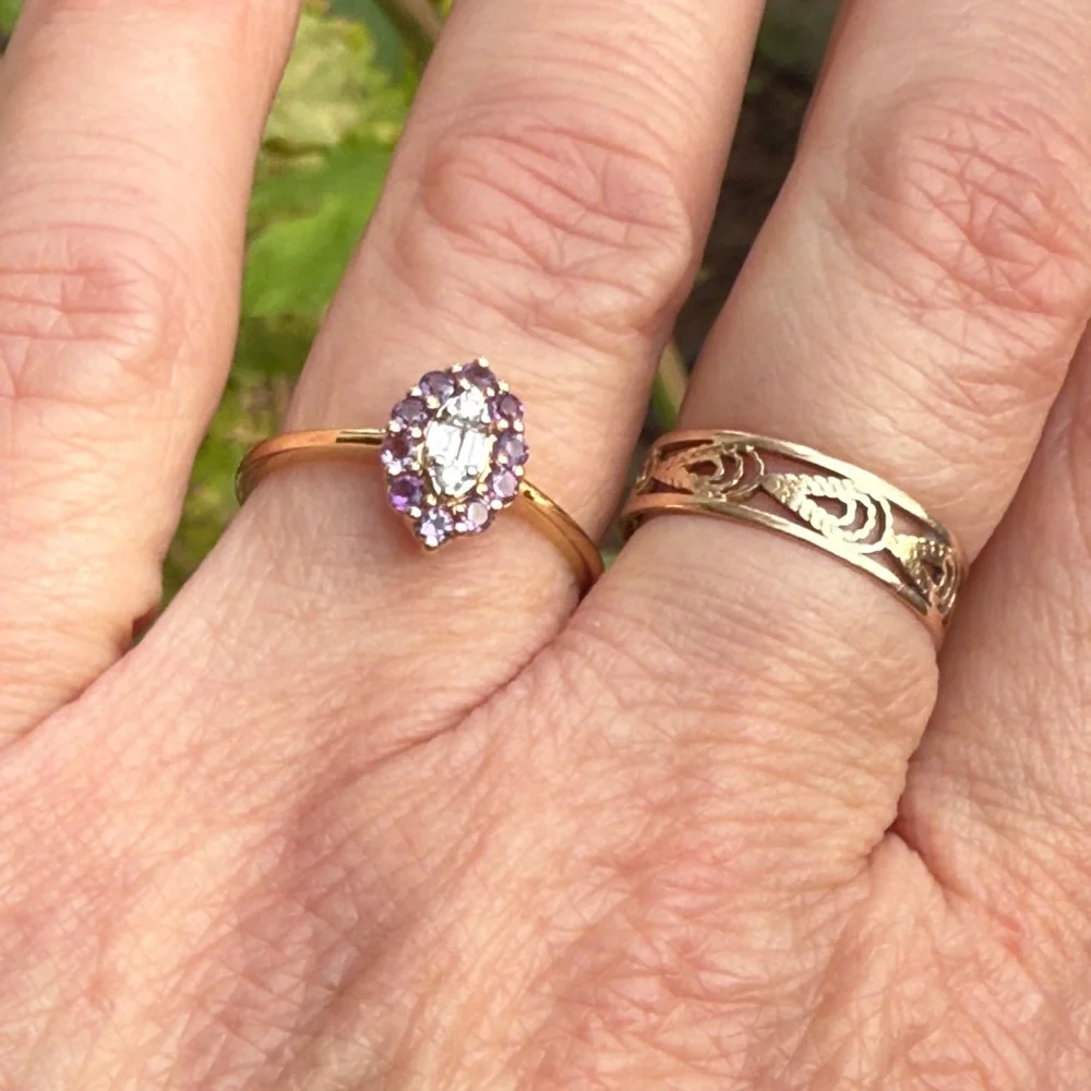New in box 18K Gold Natural Diamonds and Natural Amethyst Gemstone Ring